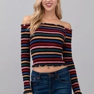 NEW Off Shoulder Striped Lettuce Hem Crop Top S